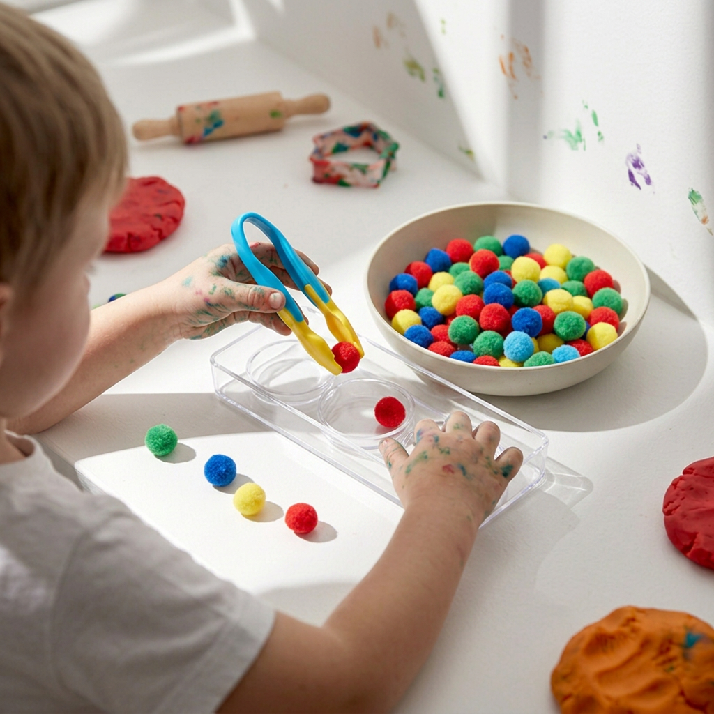 playing-with-small-pom-pom-and-toddler-tongs