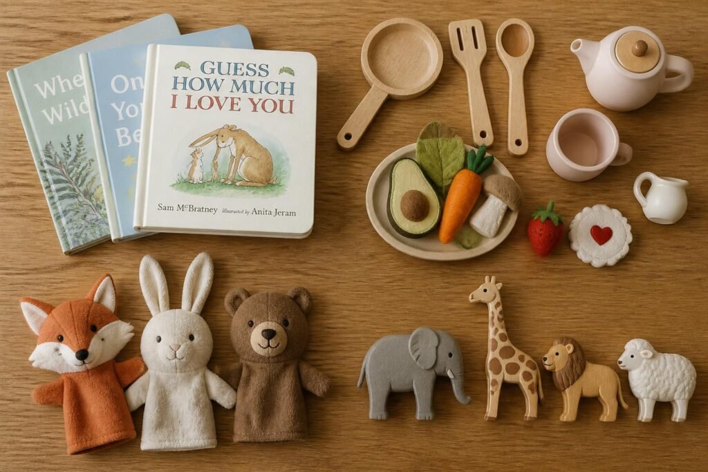 books-pretend-play-puppets-animals-collage Language development toys for toddlers that encourage talking and imaginative play