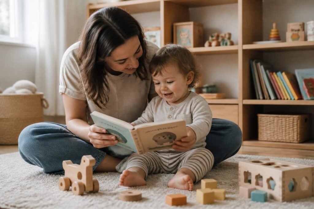 parent-toddler-reading-play Parent encouraging language development through play with toddler