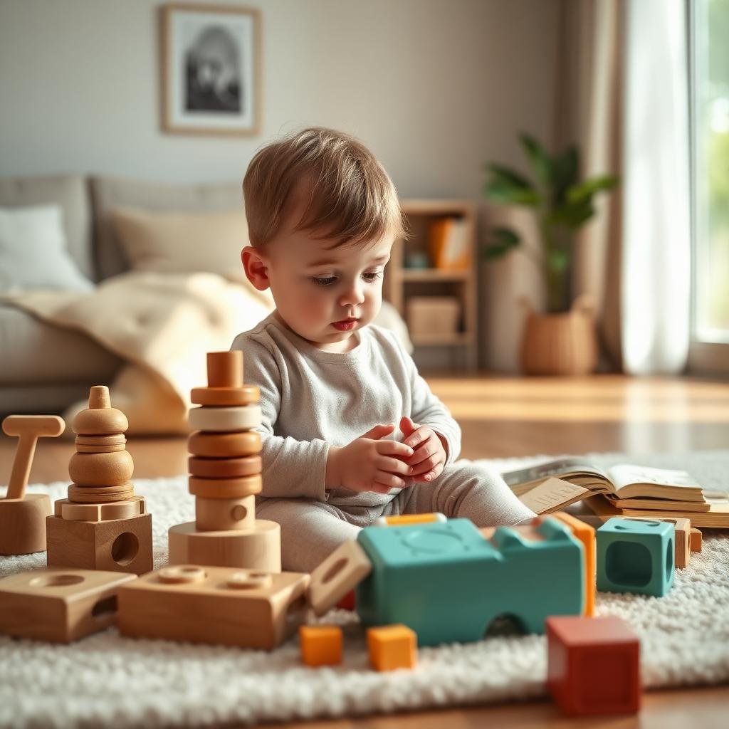 Toddler playing independently with educational toys at home
