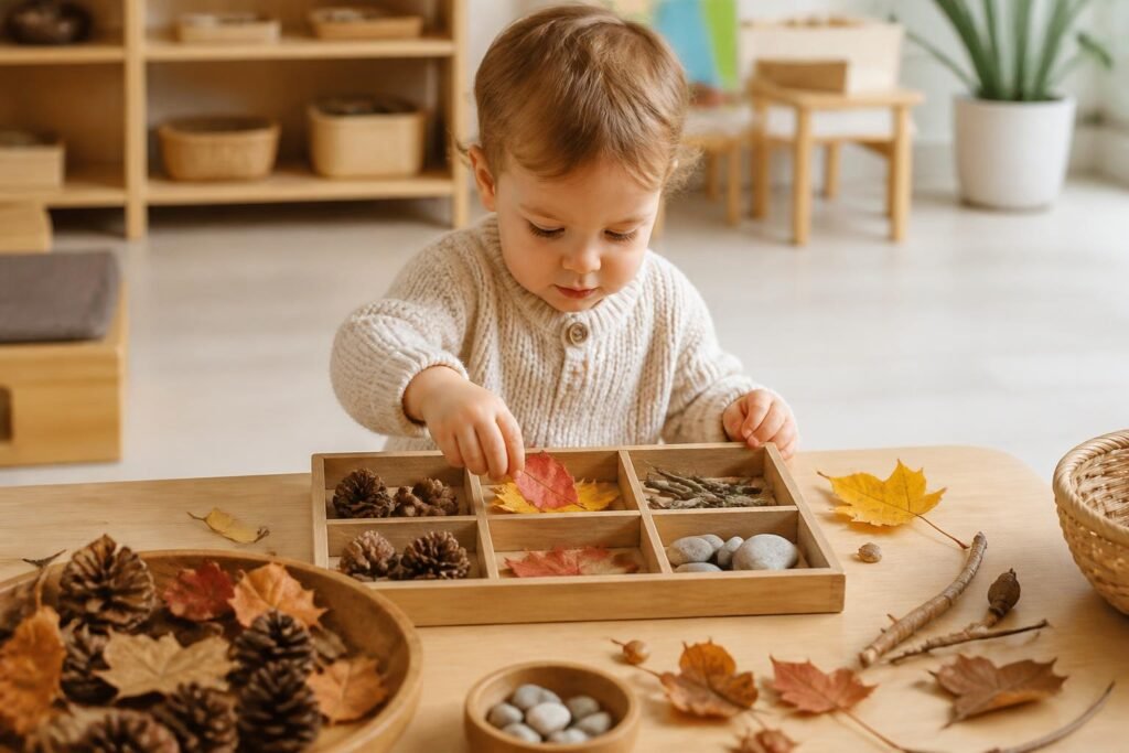 toddler-nature-sorting-leaves Toddler exploring nature through a simple STEM activity