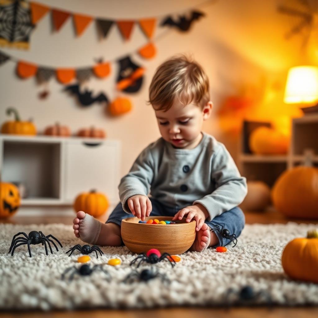 toddler-spider-counting-halloween-playroom Toddler spider counting activity