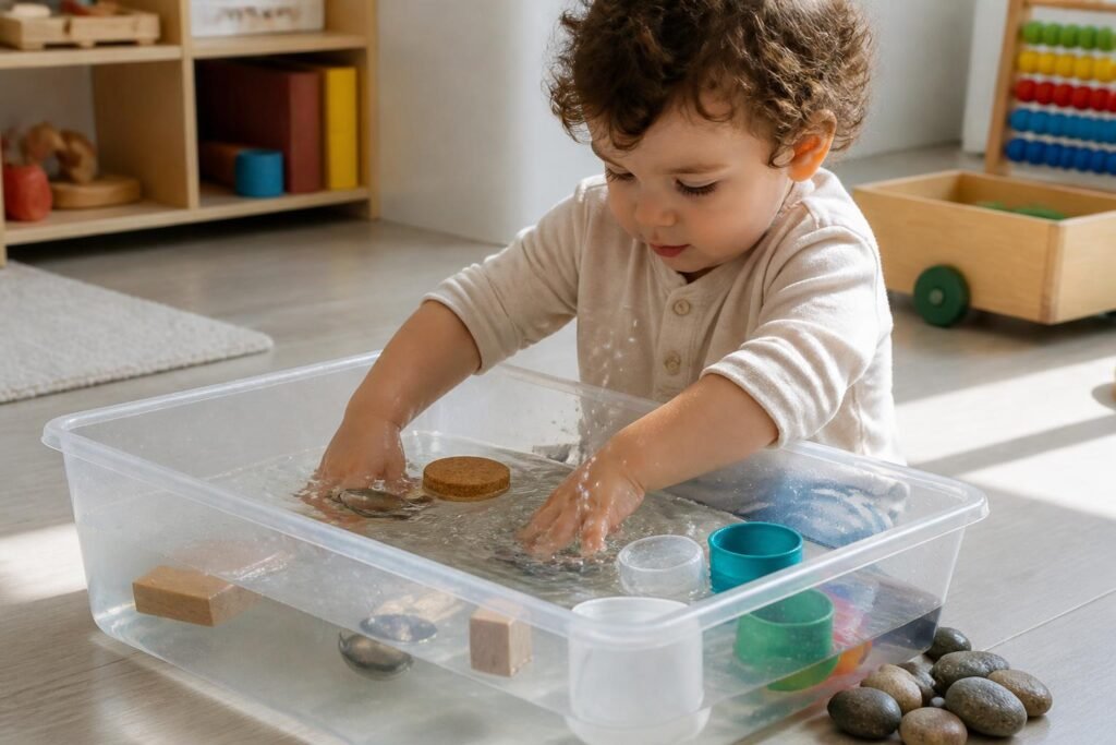 toddler-water-bin-sink-float Toddler doing a simple sink or float STEM activity at home